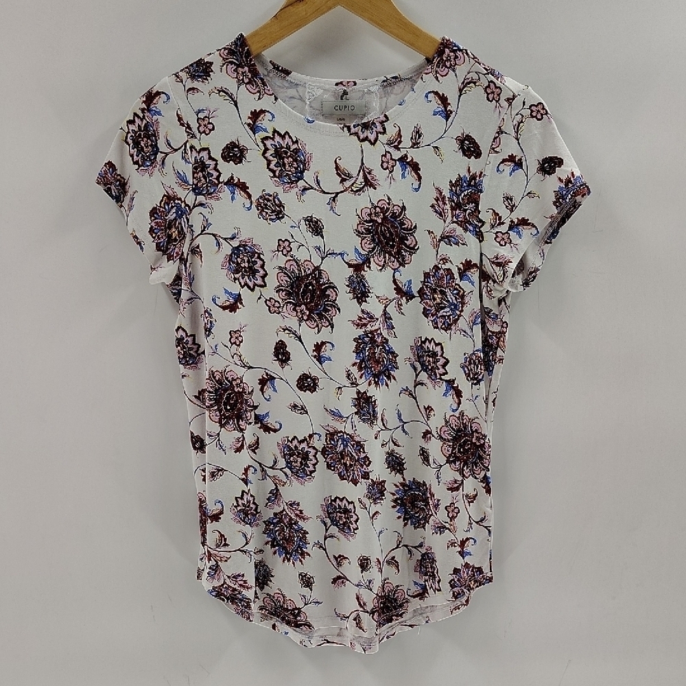 Cupio Pullover Top Size Large Floral Short Sleeve White Pink Stretch Blouse